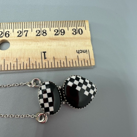 Cute Black & White Checkered 🏁 Pendant Necklace Sterling Silver 925 Handmade - Picture 5 of 7